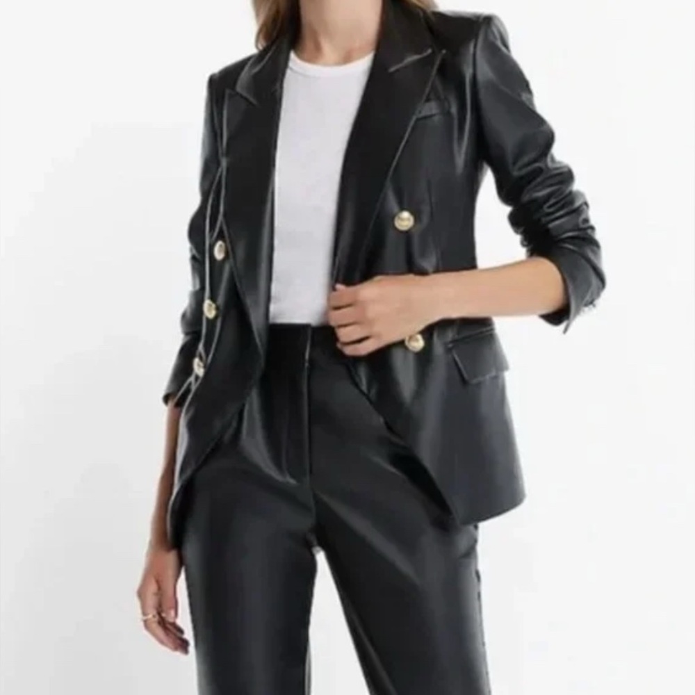 Express Faux Leather Double Breasted Novelty Button Blazer M Black